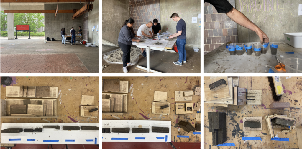 Three outdoor images of students working on rammed earth construction, followed by three indoor workshop images of wooden formworks and material samples.